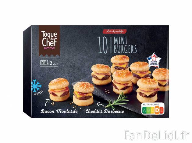 10 mini burgers , le prix 3.99 &#8364; 
- Cheddar - barbecue &amp; bacon ...