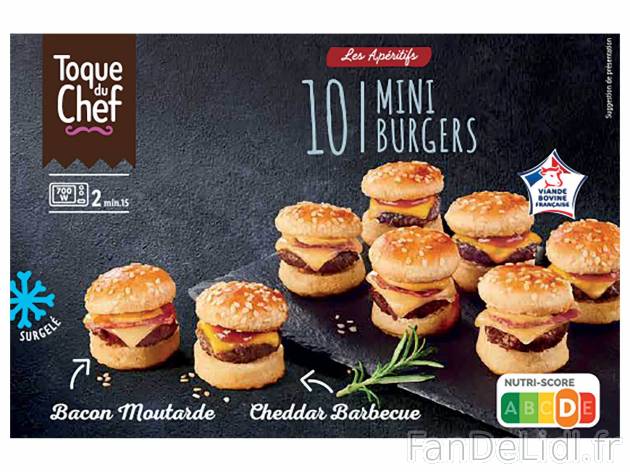 10 mini burgers , le prix 4.19 € 
- Cheddar - barbecue & bacon - moutarde
Caractéristiques

- ...