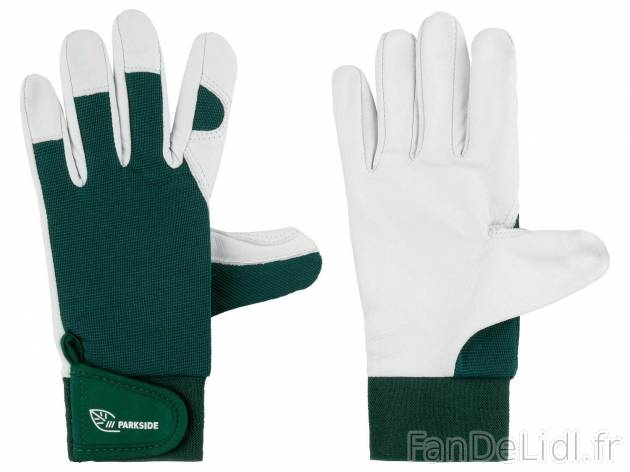 Gants de jardin en cuir , le prix 6.99 € 
- Taille 7, 8, 9, 10 ou 11
- Ex. paume, ...