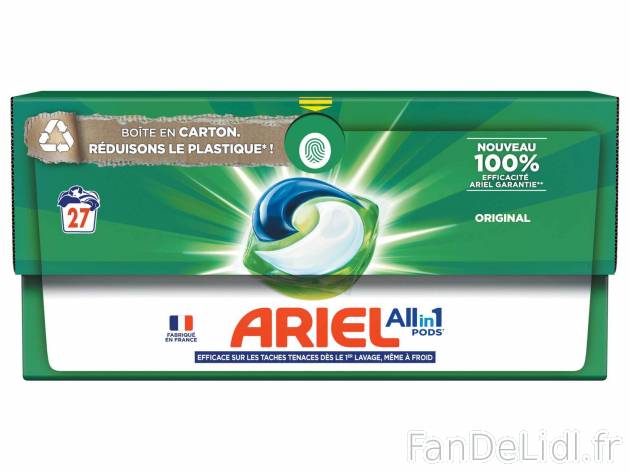 Ariel pods original , le prix 7.43 €  
-  27 lavages !