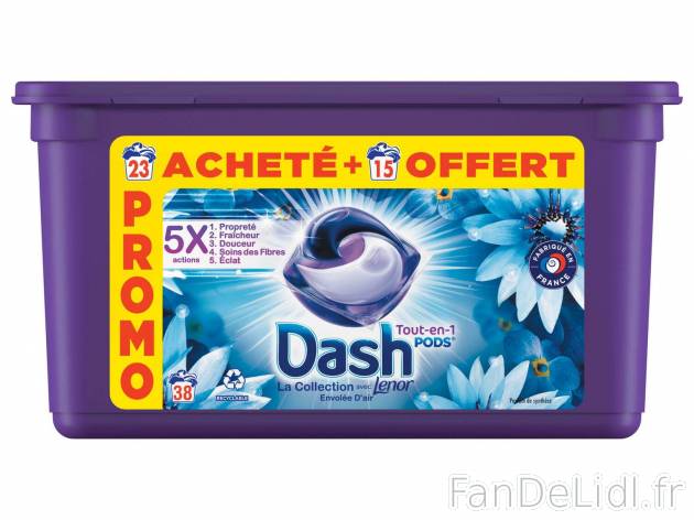 Dash pods & Lenor envolée dair , le prix 10.49 € 
- 38 lavages !
- 23 + ...