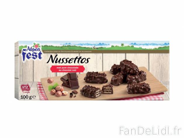 Nussettos1 , prezzo 1.49 € per 100 g au choix 
-  Au choix : chocolat noir ou au lait