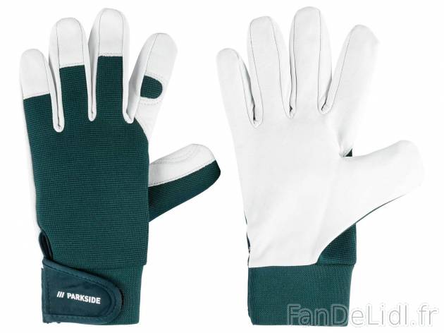 Gants de jardin en cuir , le prix 5.99 € 
- Tailles : 7, 8, 9 ou 10
- Ex. paume, ...