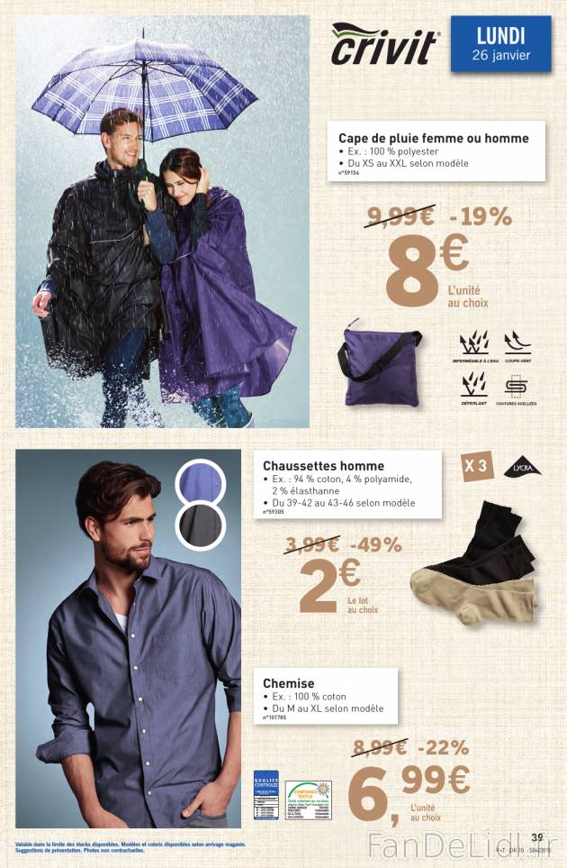 Cape de pluie femme ou homme, chaussettes homme, chemise pour homme à la mode.