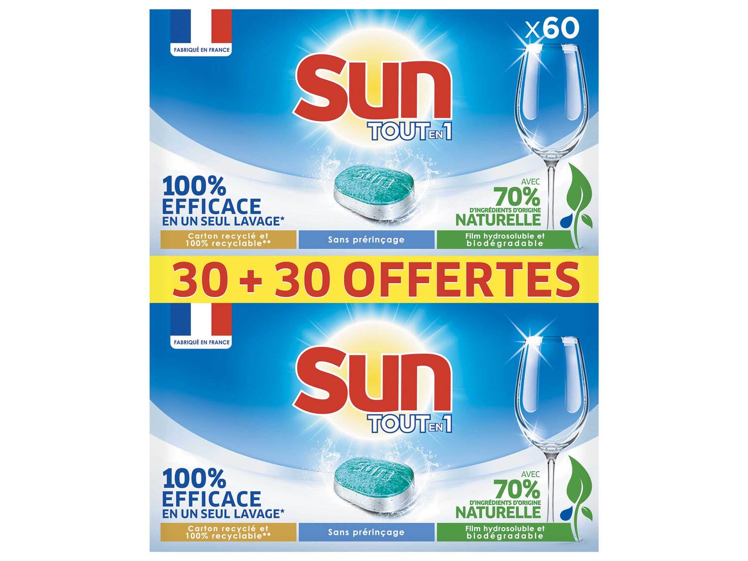 Sun Tabs tout en 1 , le prix 5.95 € 
- 30 tablettes + 30 OFFERTES
- Au choix ...